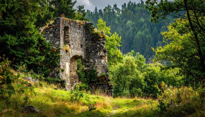 Ancient Stone Ruin Emerging From Lush Green Forest Overgrown With Moss And Wildflowers Under A Dramatic Cloudy Sky