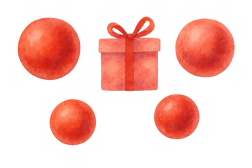 Red gift box with ribbon and four spherical ornaments in watercolor style, ideal for christmas, holiday, and celebration designs
