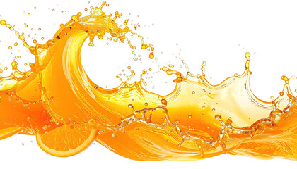 Orange juice splash with slice against a black background