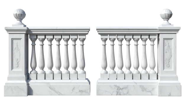 Marble balustrade segments with spherical finials, ornate