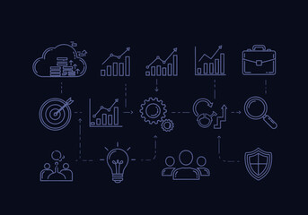 Linear Business Icons Representing Data Analysis Growth and Strategy.