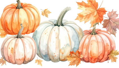 Pumpkins & leaves illustration warm, muted, fall, watercolor