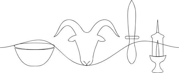 Single line drawing of goat head bowl knife and candle