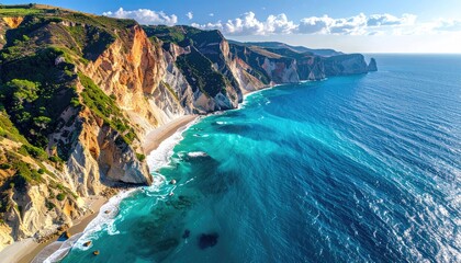 Expansive Coastal Vista Golden Cliffs Meet Azure Ocean Waters Under Bright Sunlight with Crashing Waves on a Pristine Sandy Shoreline