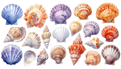 Colorful assortment of twenty seashells with varying shapes