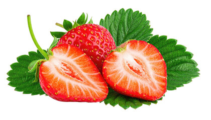 Ripe strawberries, halved, whole, with leaves, on black