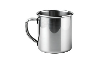 Shiny metal cup with curved handle, isolated on black background