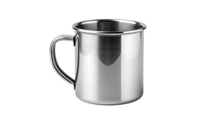 Shiny metal cup with curved handle, isolated on black background