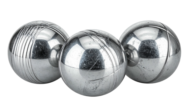 Three shiny metallic boules resting against a black background