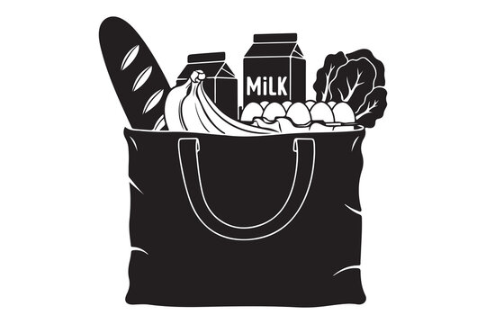 Black silhouette of a reusable shopping bag filled with groceries and food items isolated on white background