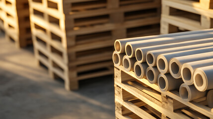 Pallet of paper rolls bathed in golden sunlight, stock photography. Ready for shipping, the pallet is a sturdy foundation for these materials. A textural masterpiece.