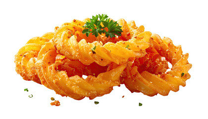 Pile of seasoned, spiral-cut fried potatoes with parsley garnish