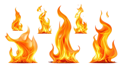 Six stylized flames on black background, orange, yellow, and red