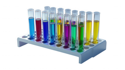 Colorful liquids in test tubes for scientific research and medical analysis on transparent background