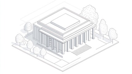 Isometric view of neoclassical building, trees, urban setting; architectural design illustration