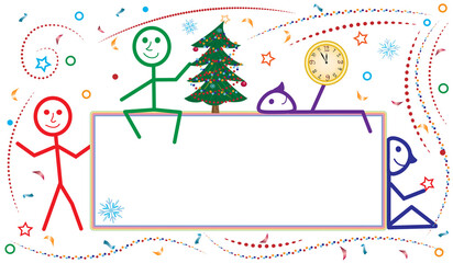 Beautiful New Year's background with colorful people, an elegant Christmas tree and a clock