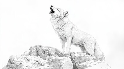 Arctic wolf drawing, howling on rock outcrop. Stock photo for nature, wildlife, animals, and art