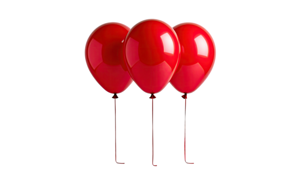 Trio of glossy, red balloons floating against a dark background - Powered by Adobe