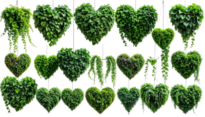 Green, leafy, hanging heart shapes in rows on black background