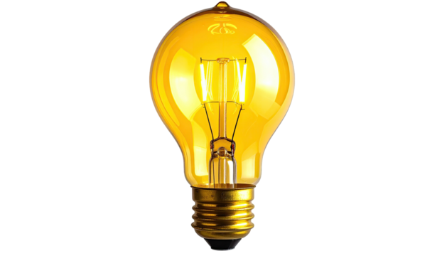 Lit incandescent bulb radiates golden light on black background