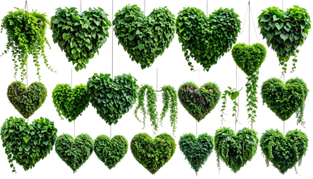 Green, leafy, hanging heart shapes in rows on black background
