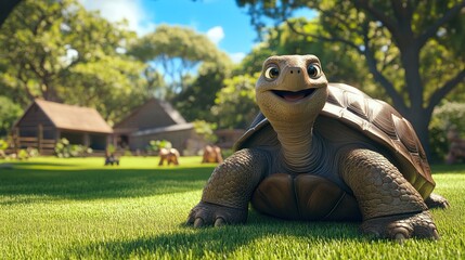Animated turtle in a grassy field, happy expression, rustic farm background. Possible use children's book illustration, educational material