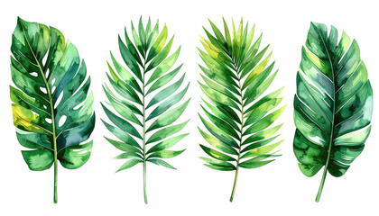 Green tropical leaves, lush, watercolor style, against black