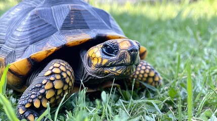 Yellow-spotted tortoise in grassy area