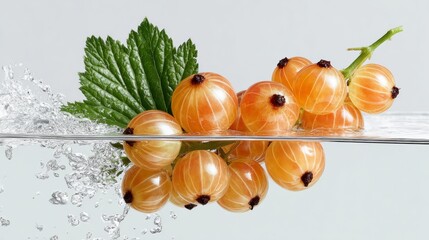 Fresh golden gooseberries submerged in clear water, creating splashes and reflections, accompanied by vibrant green leaves, showcasing the beauty of nature and the refreshing essence of fruits