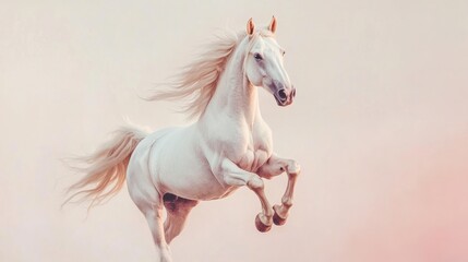 White horse rearing, pastel background, freedom, equine elegance, stock photo