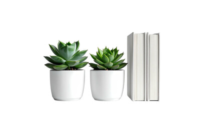 Two potted succulents beside a white book on a black background