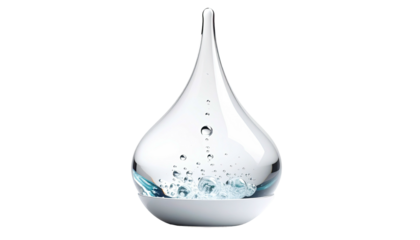 Teardrop shaped glass object with bubbles on a white base