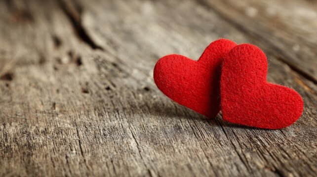 Romantic valentine's day background with two red hearts on rustic wooden surface for love, celebration, and heartfelt messages