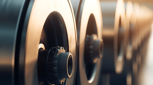 Close-up view of metallic industrial wheels aligned in a linear configuration. The lighting highlights their structure, showcasing form and precise mechanical design.