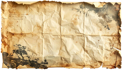 Crumpled parchment map texture, aged and stained with drawings