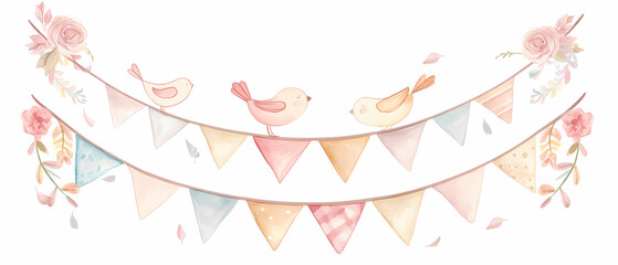 Pastel party bunting flags watercolor illustration for celebration decorbunting, flags, pastel, party, watercolor, illustration, decoration, festive, garland, triangle, cute, banner, handmade, craft, 