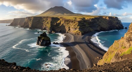 Stunning coastal panoramic vista, volcanic isle and dark sandy beaches, waves crashing on shore