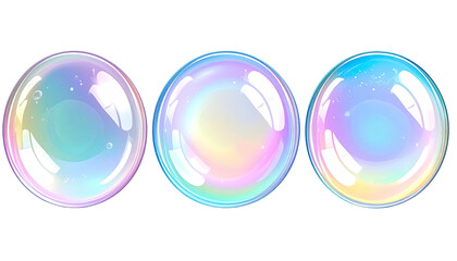 Three iridescent bubbles with rainbow gradients on black