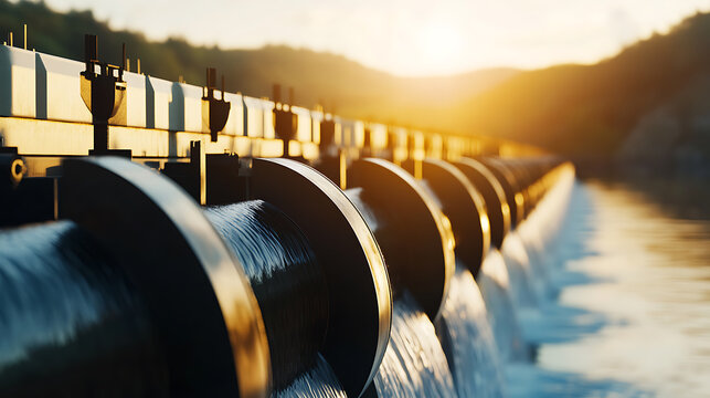 A close-up captures the metallic structure of a water control system, possibly part of a dam or aqueduct, with water gushing through. Sunset light enhances the texture of metal and water.