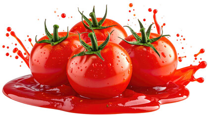 Ripe, juicy tomatoes rest in a red sauce splash, isolated