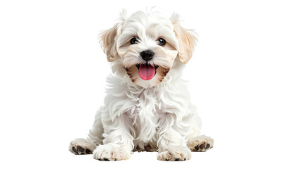 Fluffy white puppy with tongue out against black background