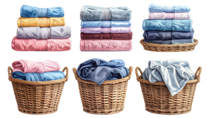 Stacks and baskets of pastel folded, clean laundry