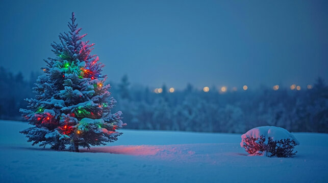 Snow covered evergreen tree illuminated with colorful lights in winter scenery