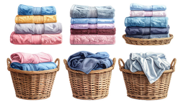 Stacks and baskets of pastel folded, clean laundry