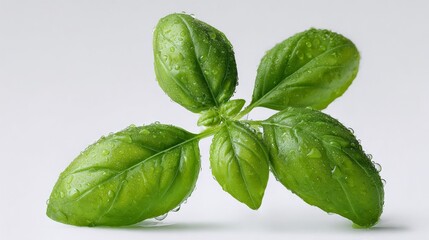 Fototapeta premium Fresh green basil leaves with droplets of water glistening on their surface, showcasing vibrant color and texture, ideal for culinary use, cooking, or herbal decoration in various dishes