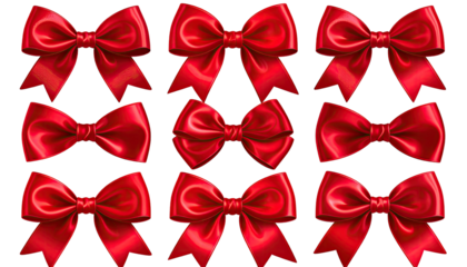 Nine glossy, vibrant red satin bows arranged on black background