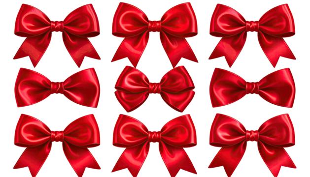 Nine glossy, vibrant red satin bows arranged on black background