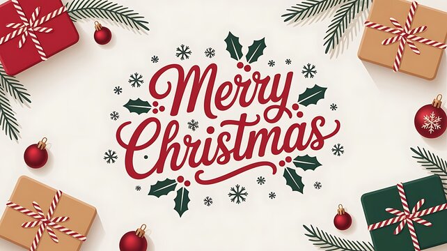 Merry christmas greeting card with gifts, christmas balls and fir tree branches