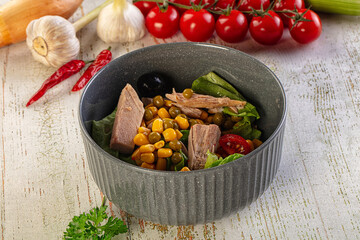 Dietary salad with canned tuna and corn