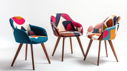 Three colorful chairs displayed against a plain background, likely for furniture sale
